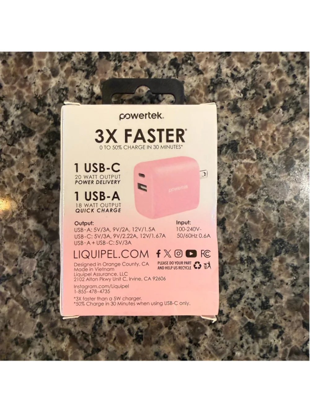 Unisex Powertek USB-C & A Charger One Size Pink